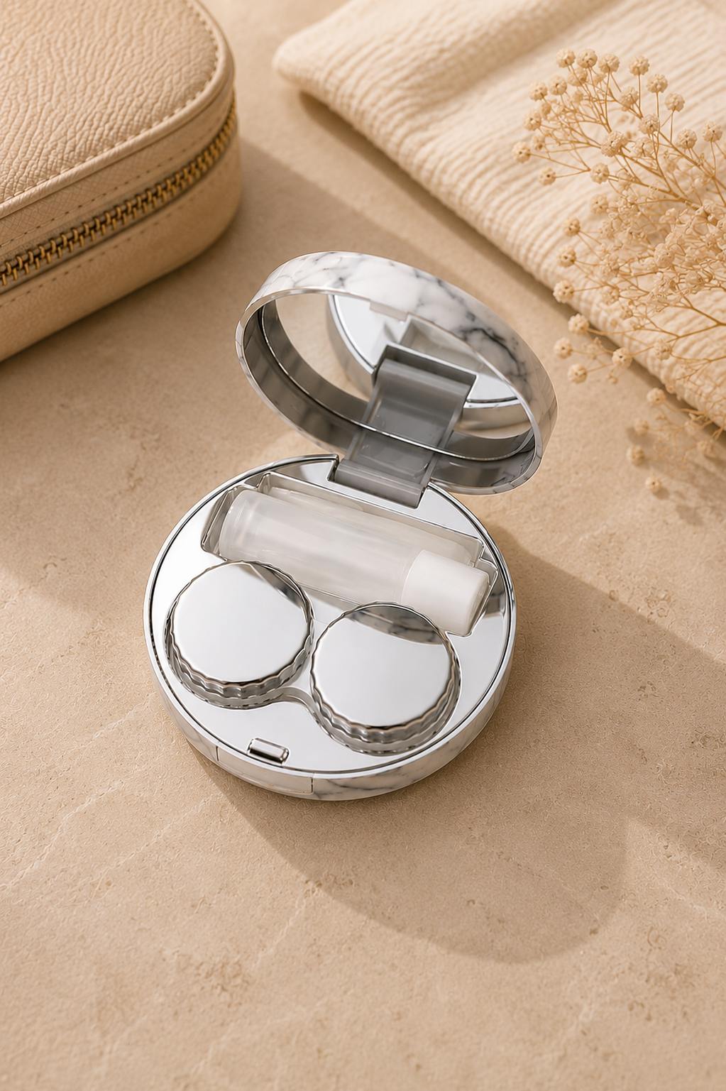 Contact lens travel case with built-in mirror and accessories