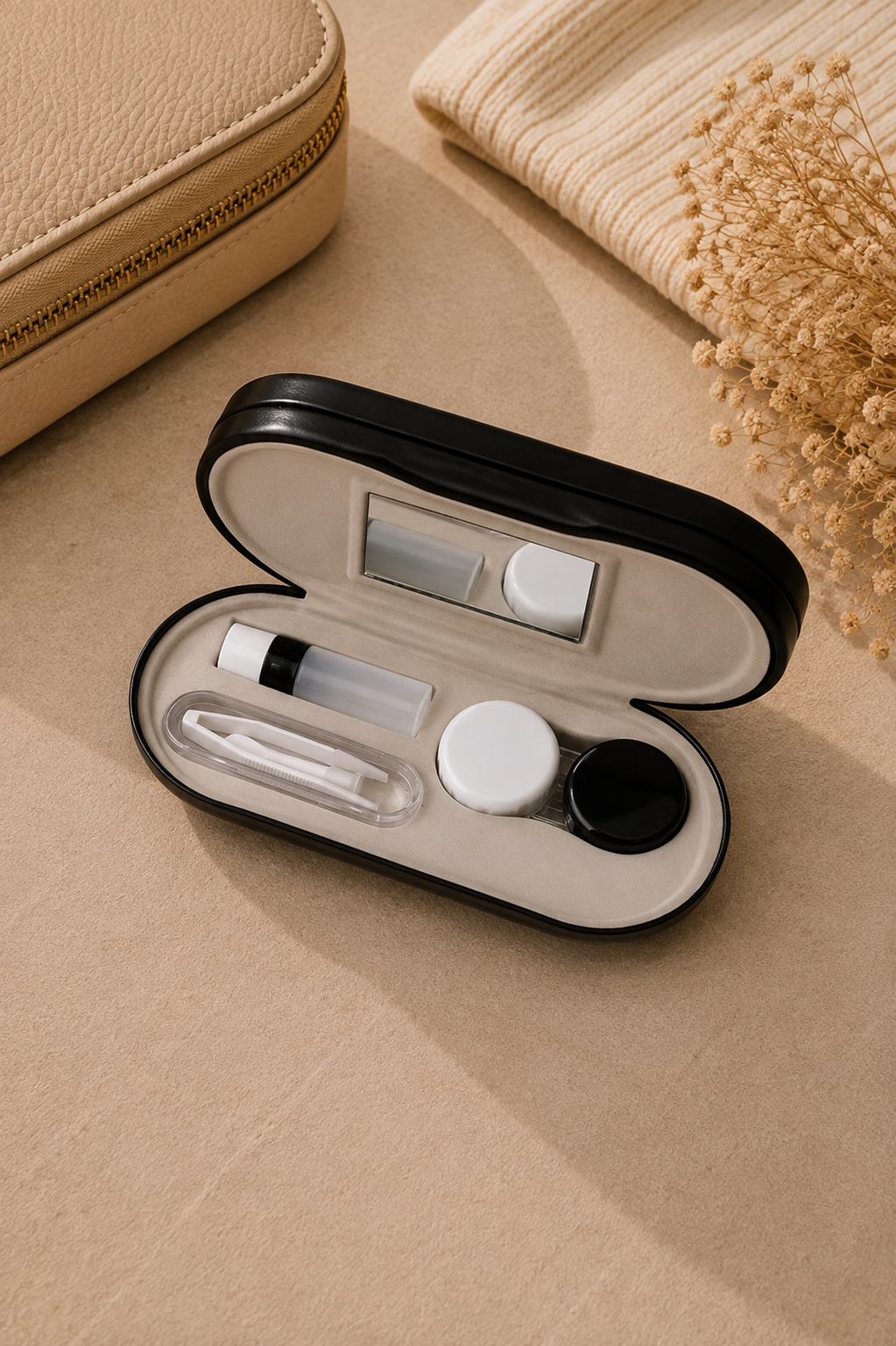 The Alma glasses and contact lens case open